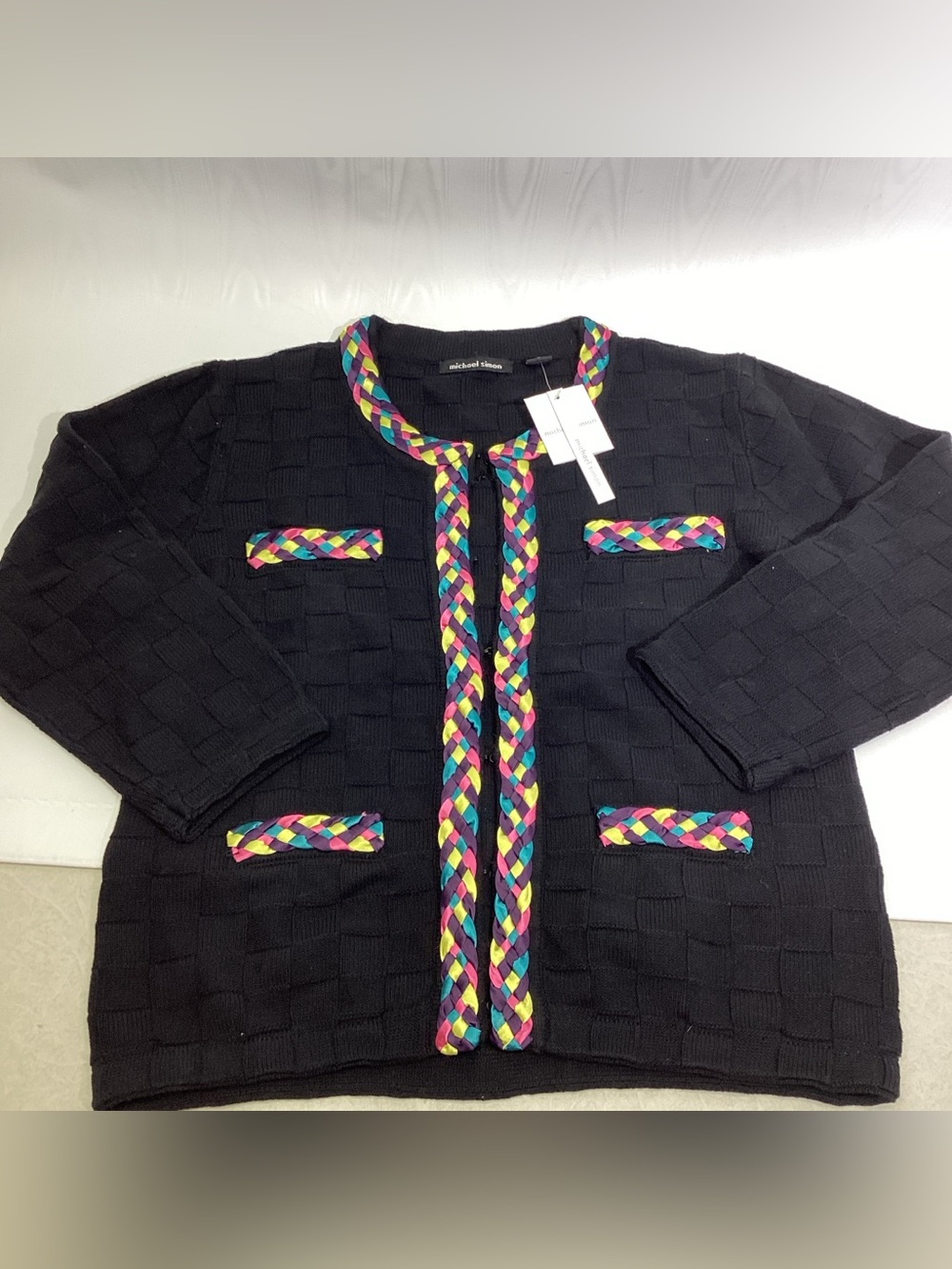 Michael Simon Satin Braided Cardigan Black Novelty Large NEW With TAGS
